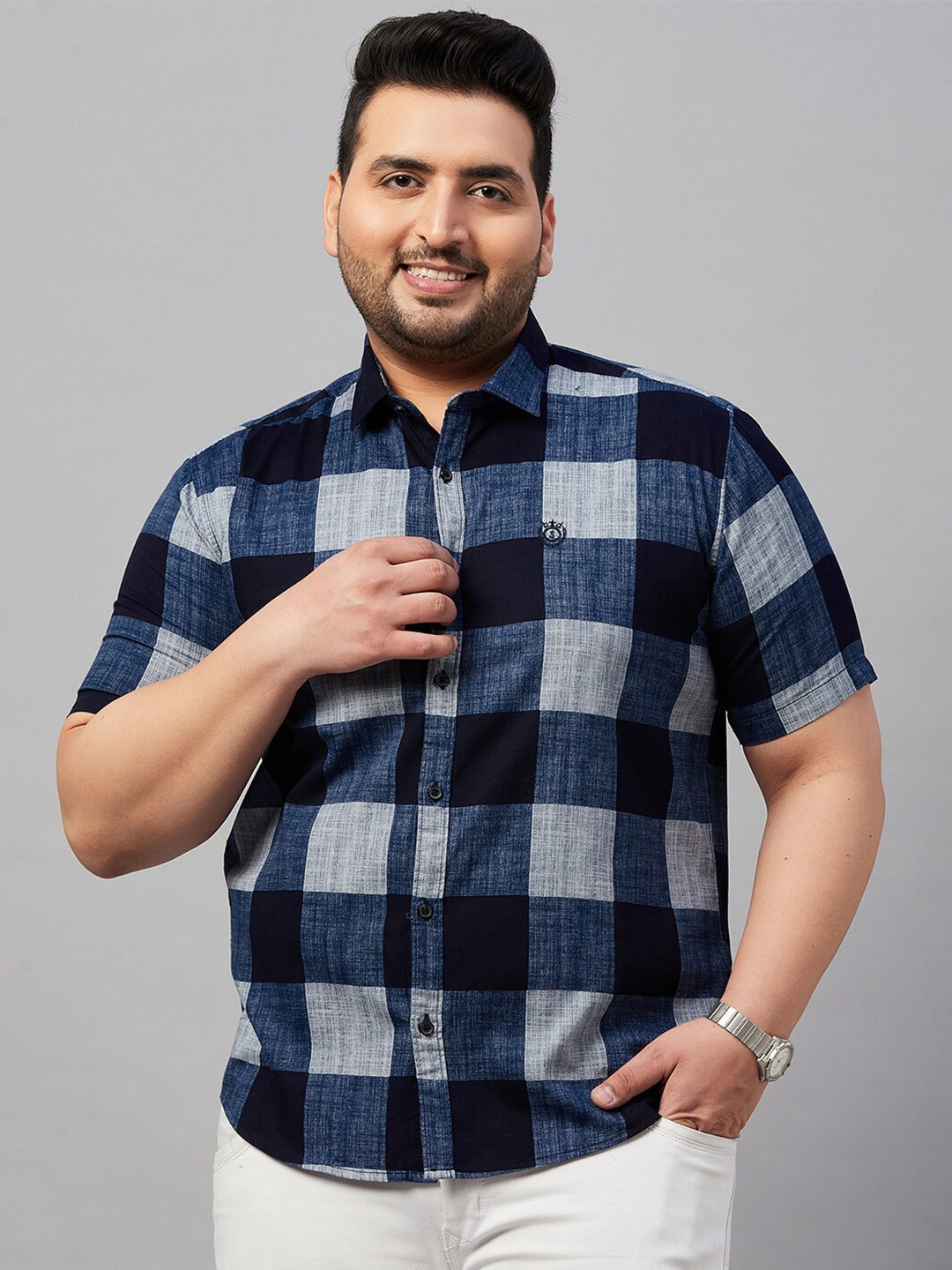 

SHOWOFF Plus Men Plus Size Buffalo Checked Casual Cotton Shirt, Navy blue