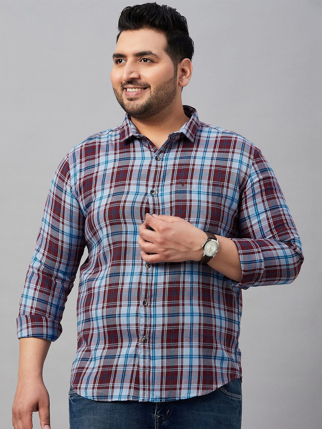 

SHOWOFF Plus Men Plus Size Classic Tartan Checked Twill Weave Casual Cotton Shirt, Blue