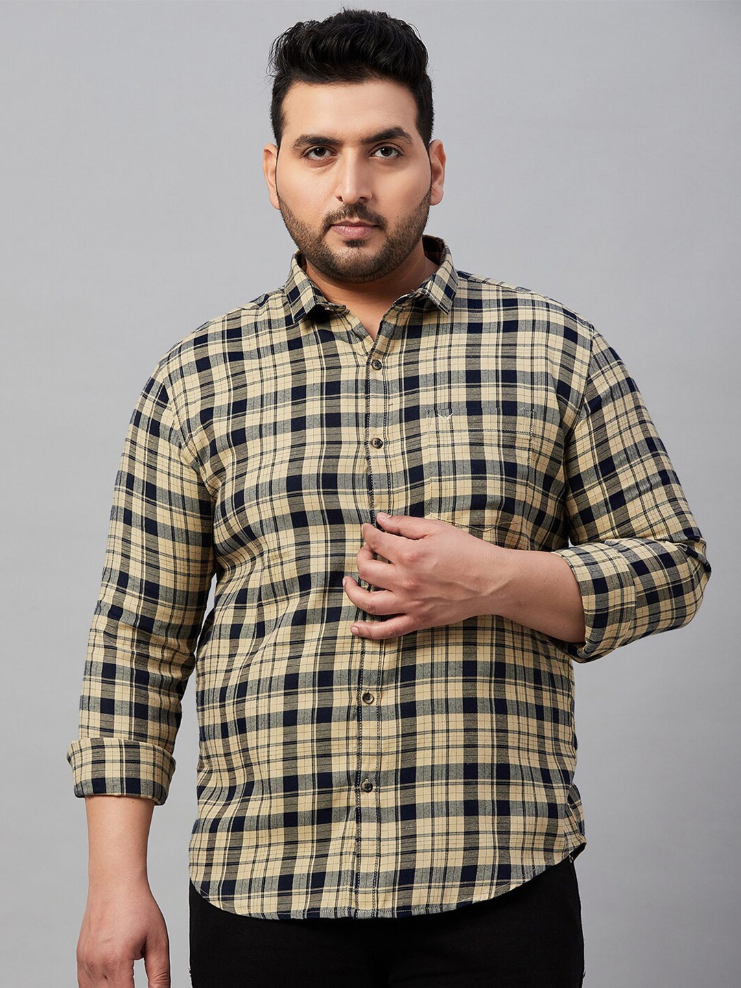 

SHOWOFF Plus Men Plus Size Classic Tartan Checked Twill Weave Casual Cotton Shirt, Beige