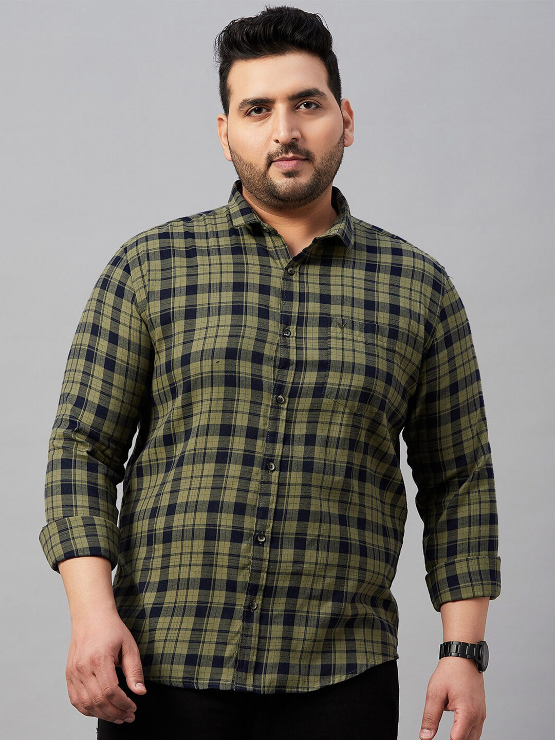 

SHOWOFF Plus Plus Size Tartan Checks Cotton Casual Shirt, Olive