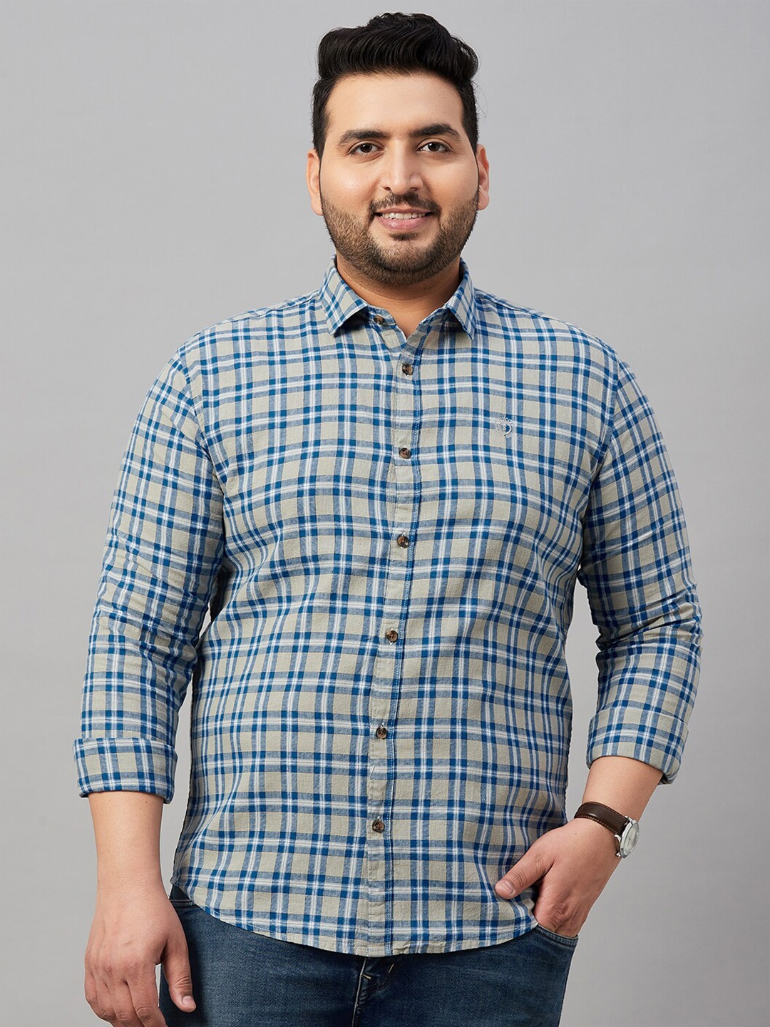

SHOWOFF Plus Men Tartan Checked Casual Cotton Shirt, Blue