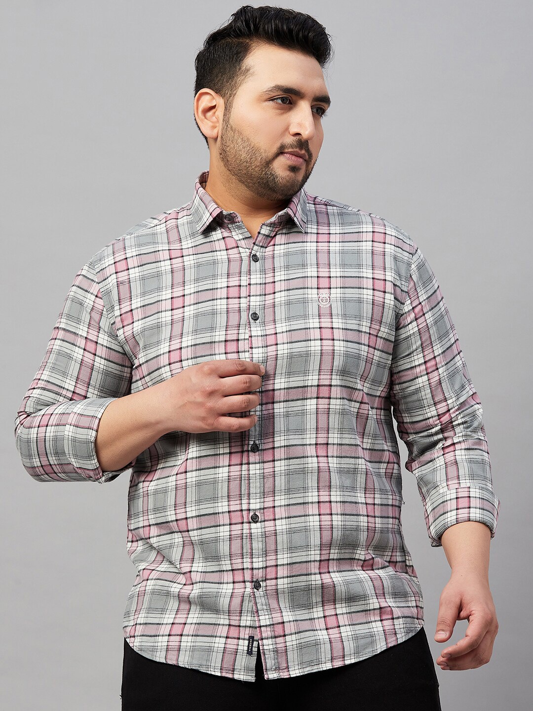 

SHOWOFF Plus Size Comfort Tartan Checked Cotton Casual Shirt, Grey