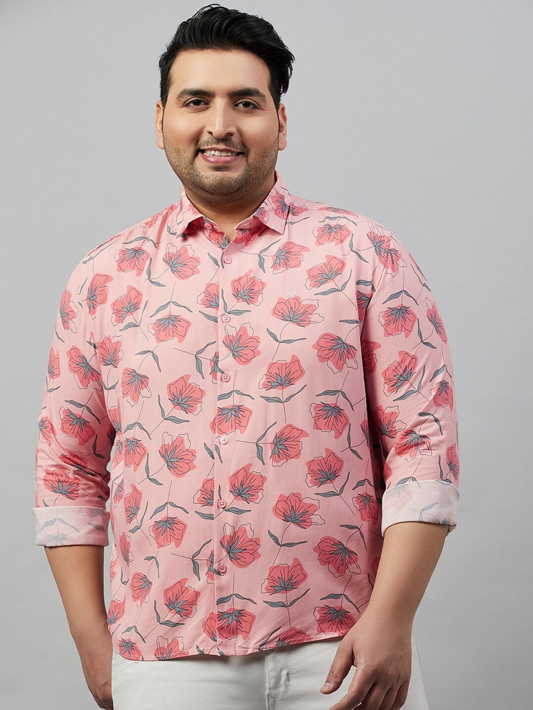 

SHOWOFF Plus Men Plus Size Smart Floral Printed Oxford Weave Cotton Shirt, Peach