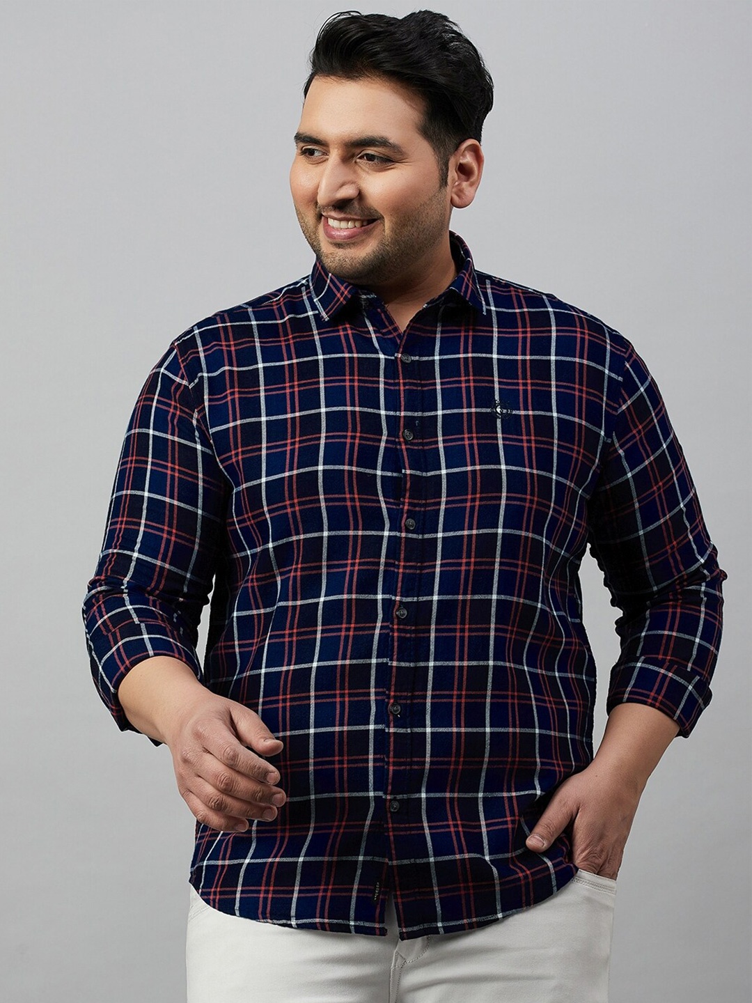 

SHOWOFF Plus Plus Size Tartan Checks Cotton Casual Shirt, Navy blue