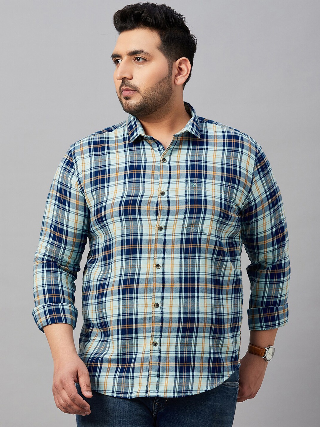 

SHOWOFF Plus Plus Size Tartan Checks Cotton Casual Shirt, Sea green
