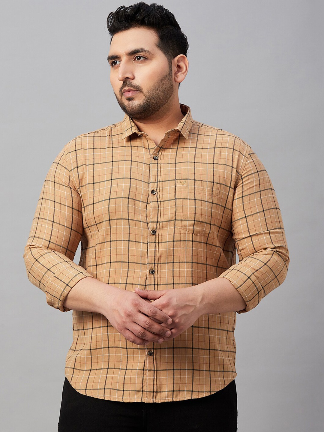 

SHOWOFF Plus Plus Size Windowpane Checks Cotton Casual Shirt, Tan