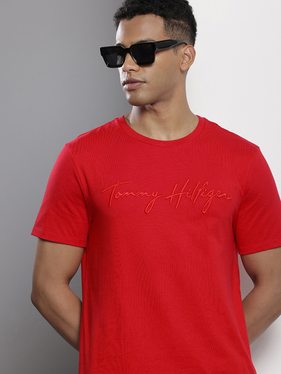 

Tommy Hilfiger Brand Logo Embroidered Pure Cotton T-shirt, Red