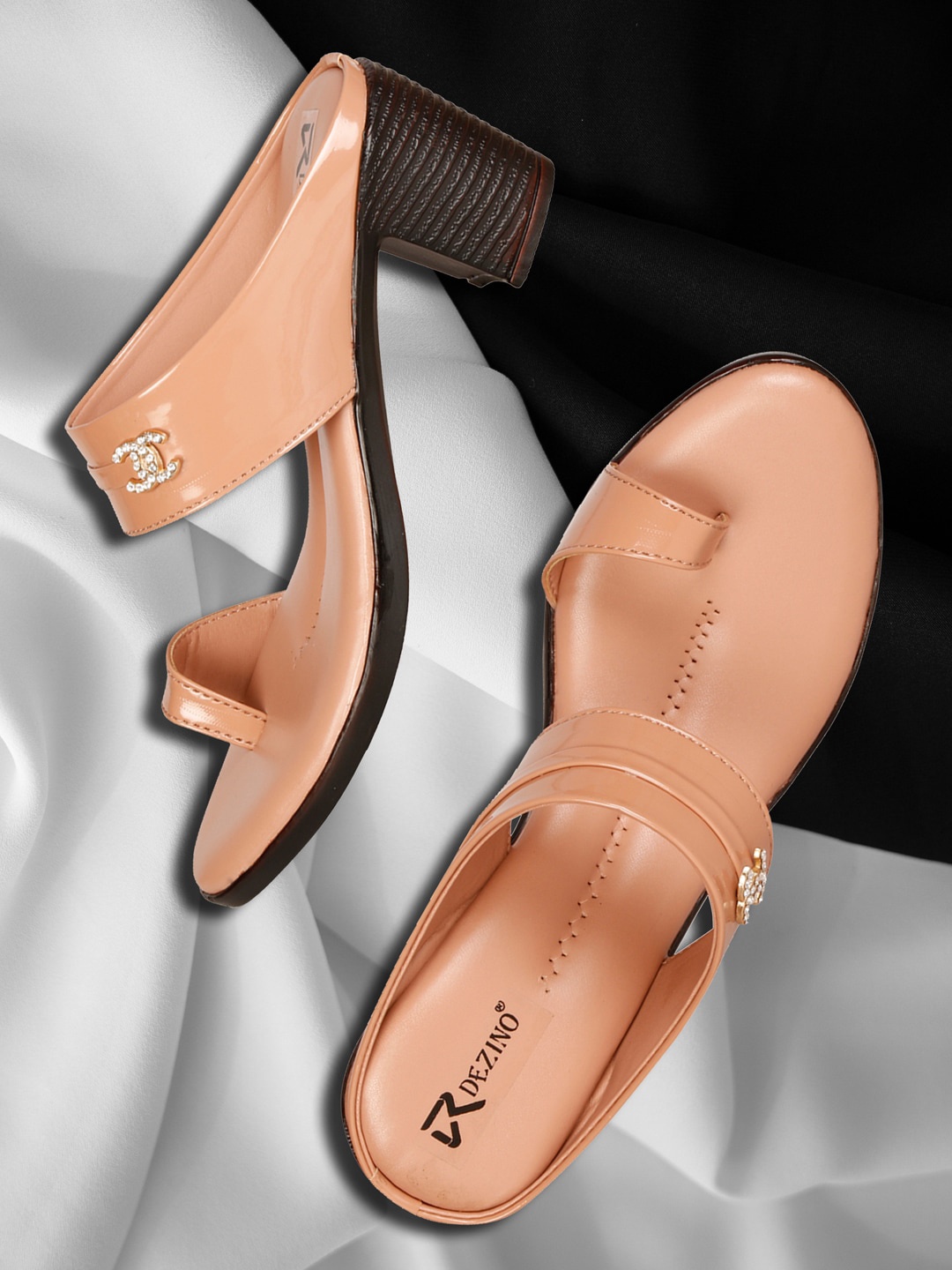 

R DEZINO Embellished Open Toe Block Heels, Peach