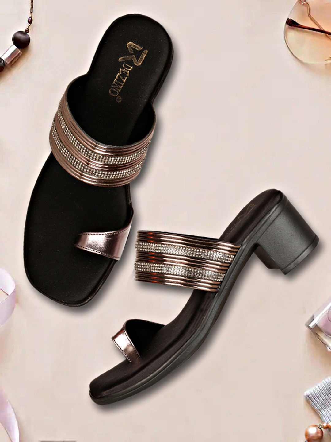 

R DEZINO Embellished One Toe Block Heels, Metallic