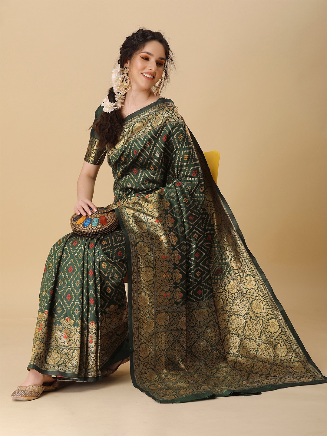 

KALINI Women Woven Design Zari Silk Blend Bandhani Saree with Blouse Piece, Green
