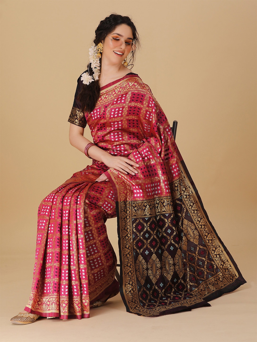 

KALINI Women Woven Design Zari Silk Blend Bandhani Saree with Blouse Piece, Pink