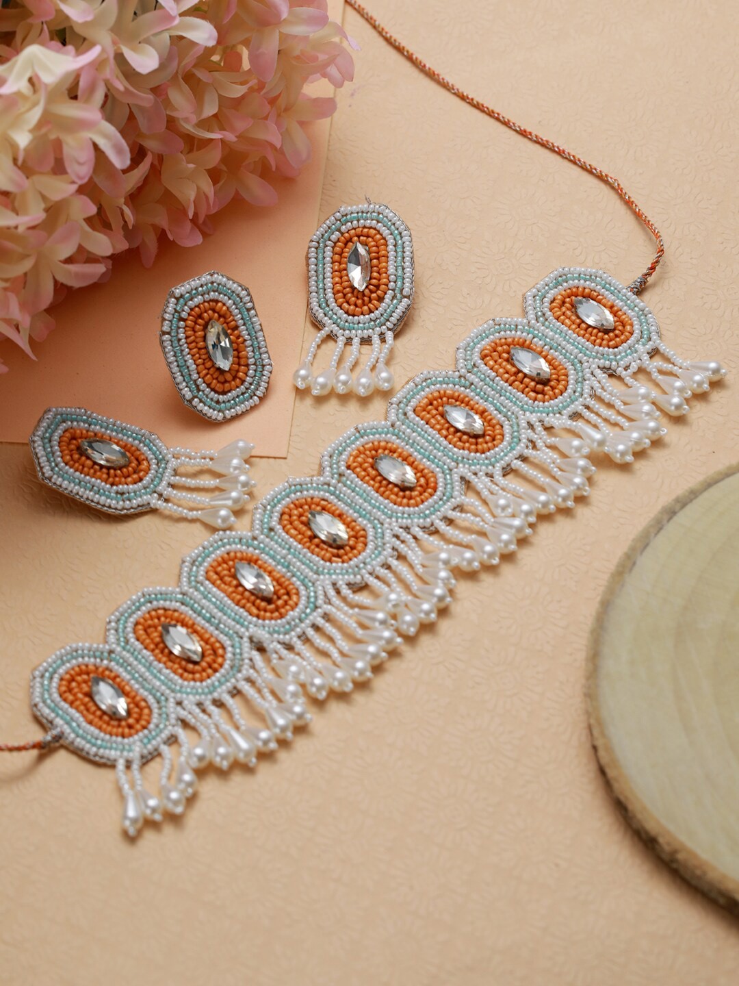 

Jazz and Sizzle Silver-Plated Crystal Studded & Beaded Jewellery Set, Orange