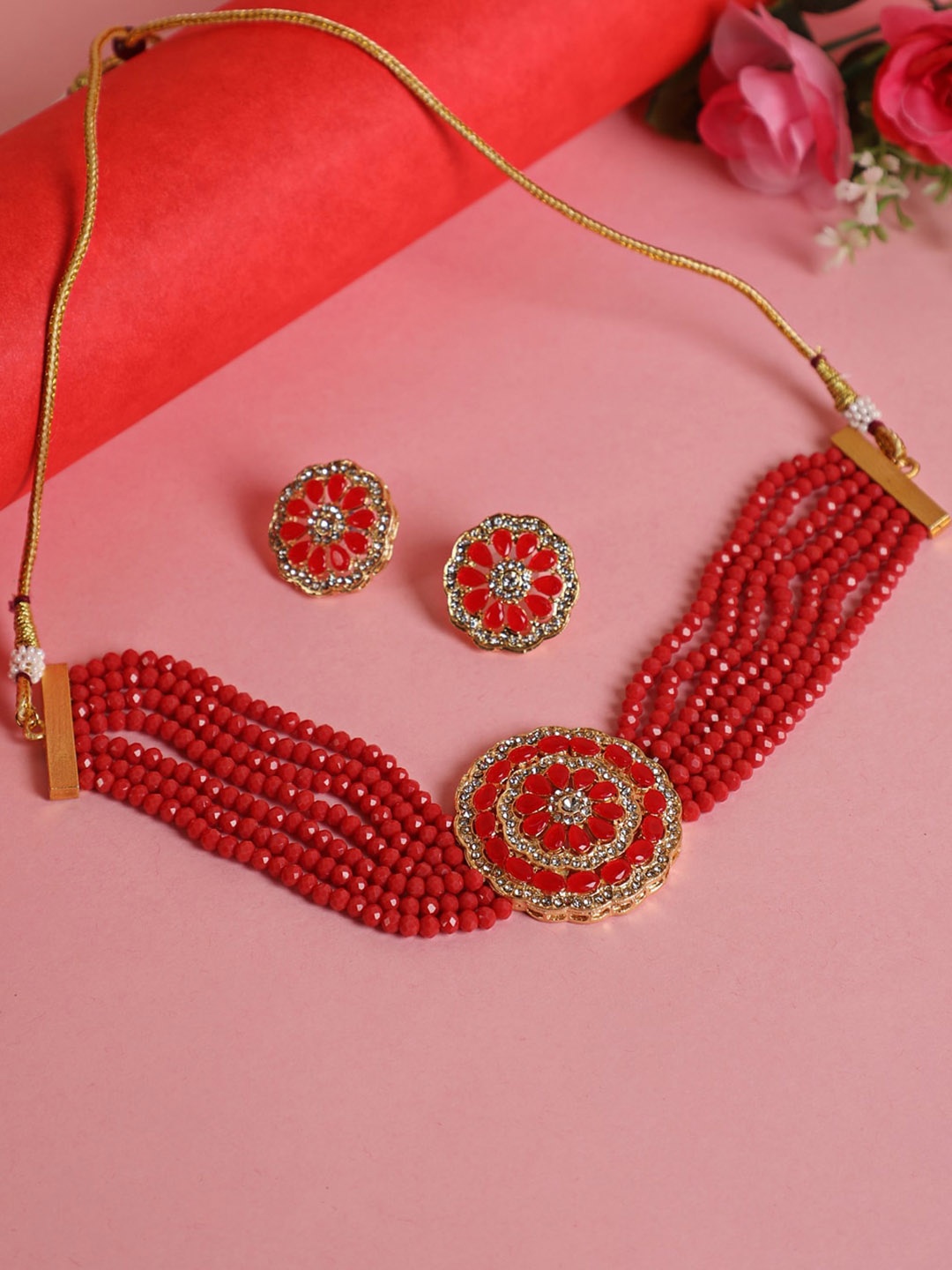 

Jazz and Sizzle Gold-Plated Kundan-Studded & Beaded Jewellery Set, Maroon