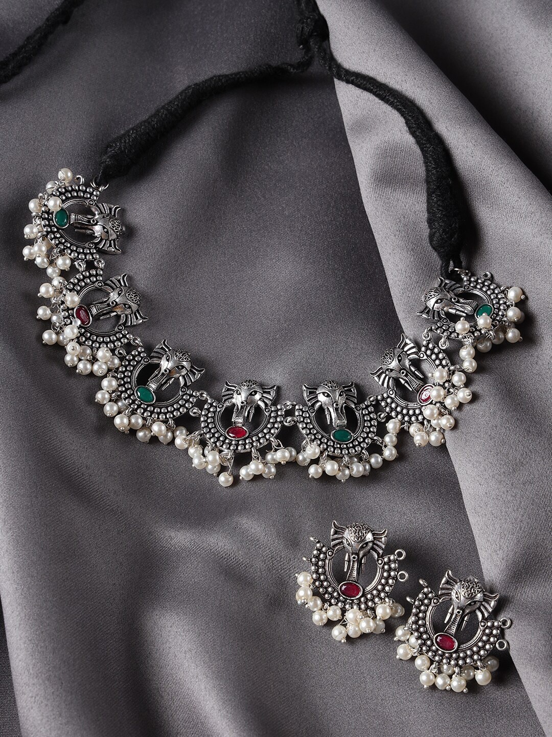 

Jazz and Sizzle Silver-Plated Stone-Studded & Pearl Beaded Jewellery Set, Green