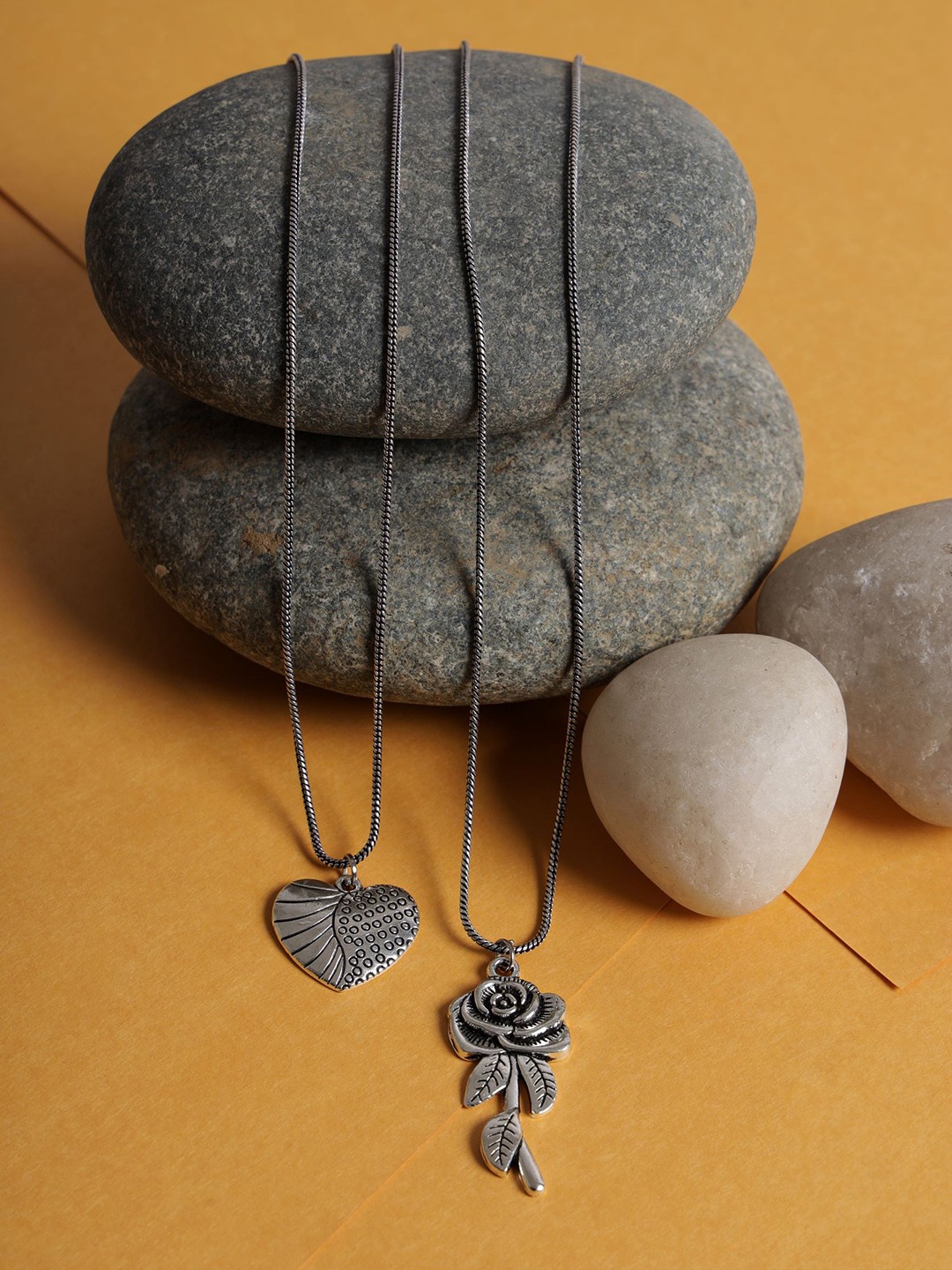 

Jazz and Sizzle Set of 2 Heart & Rose shaped Silver-Plated Oxidised Necklace
