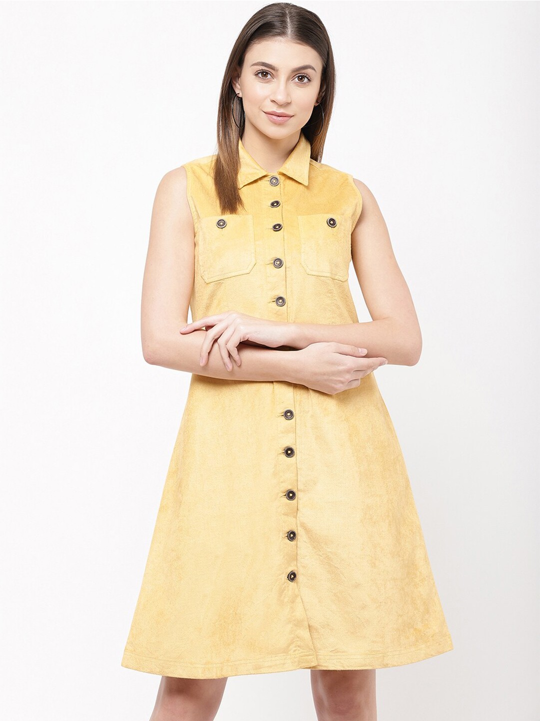 

urSense Sleeveless Velvet Shirt Dress, Yellow