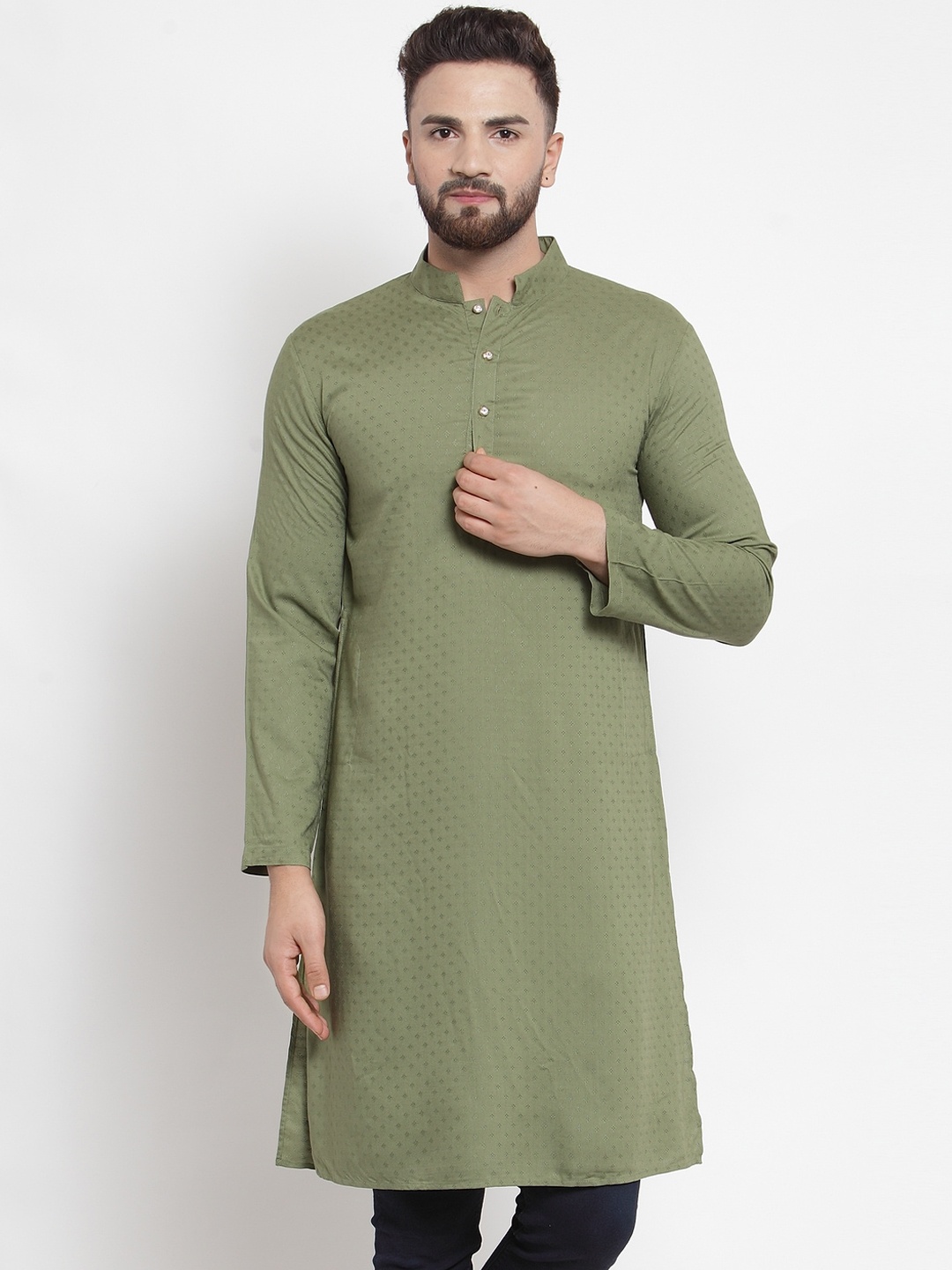 

Purple State Woven Design Mandarin Collar Kurta, Green
