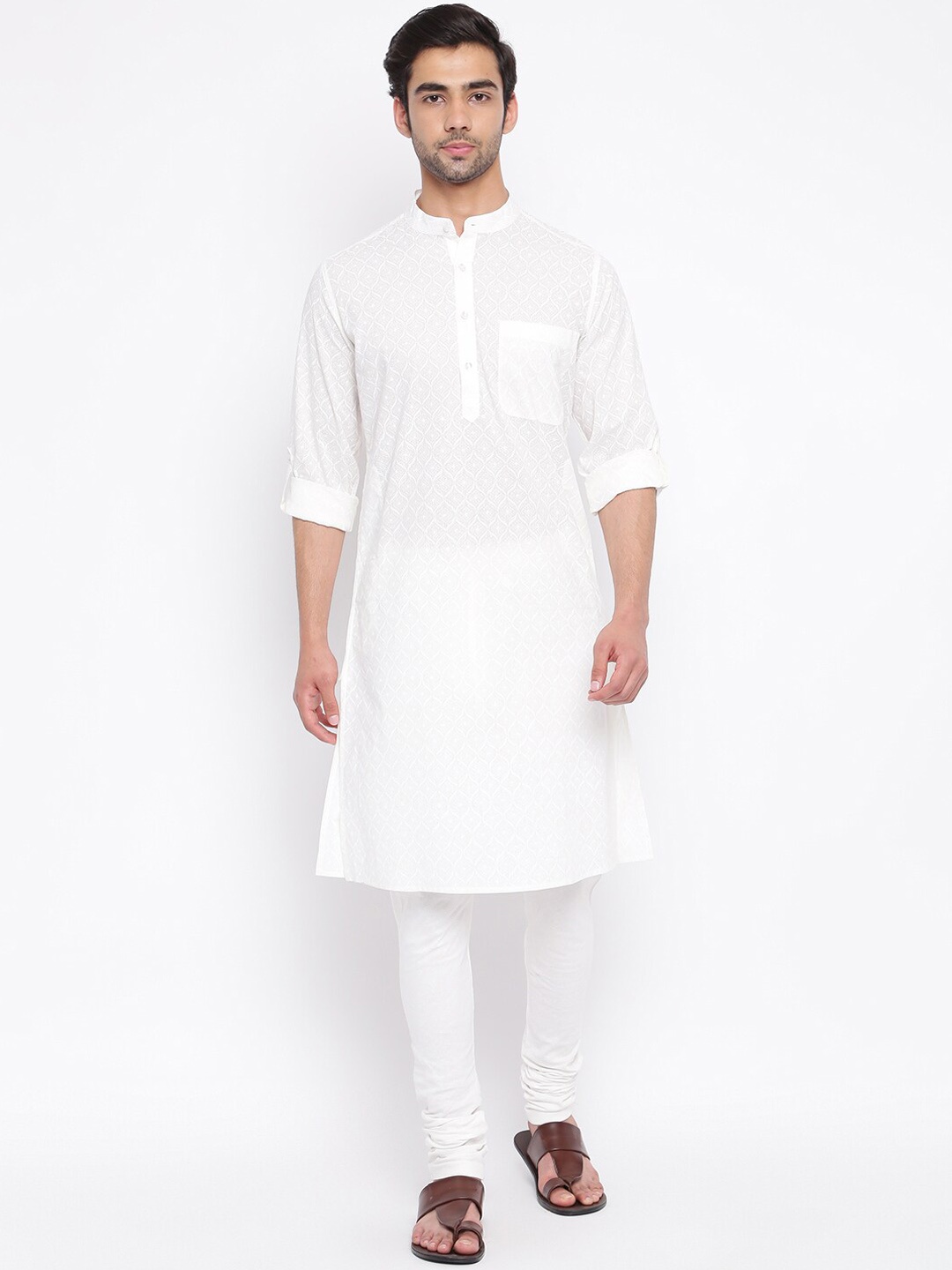 

Fabindia Ethnic Motifs Printed Mandarin Collar Pure Cotton Kurta, White