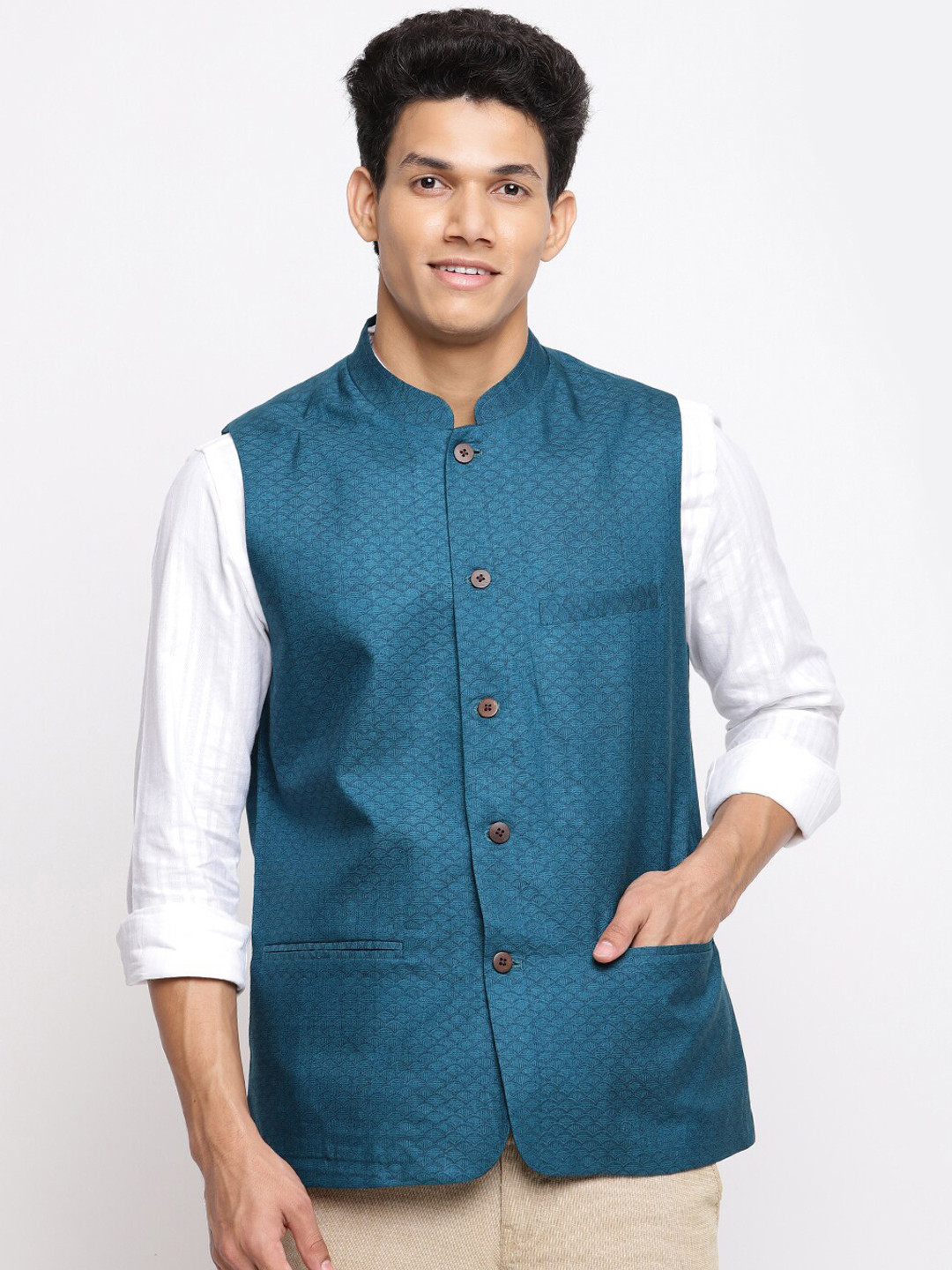 

Fabindia Printed Mandarin Collar Nehru Jackets, Blue
