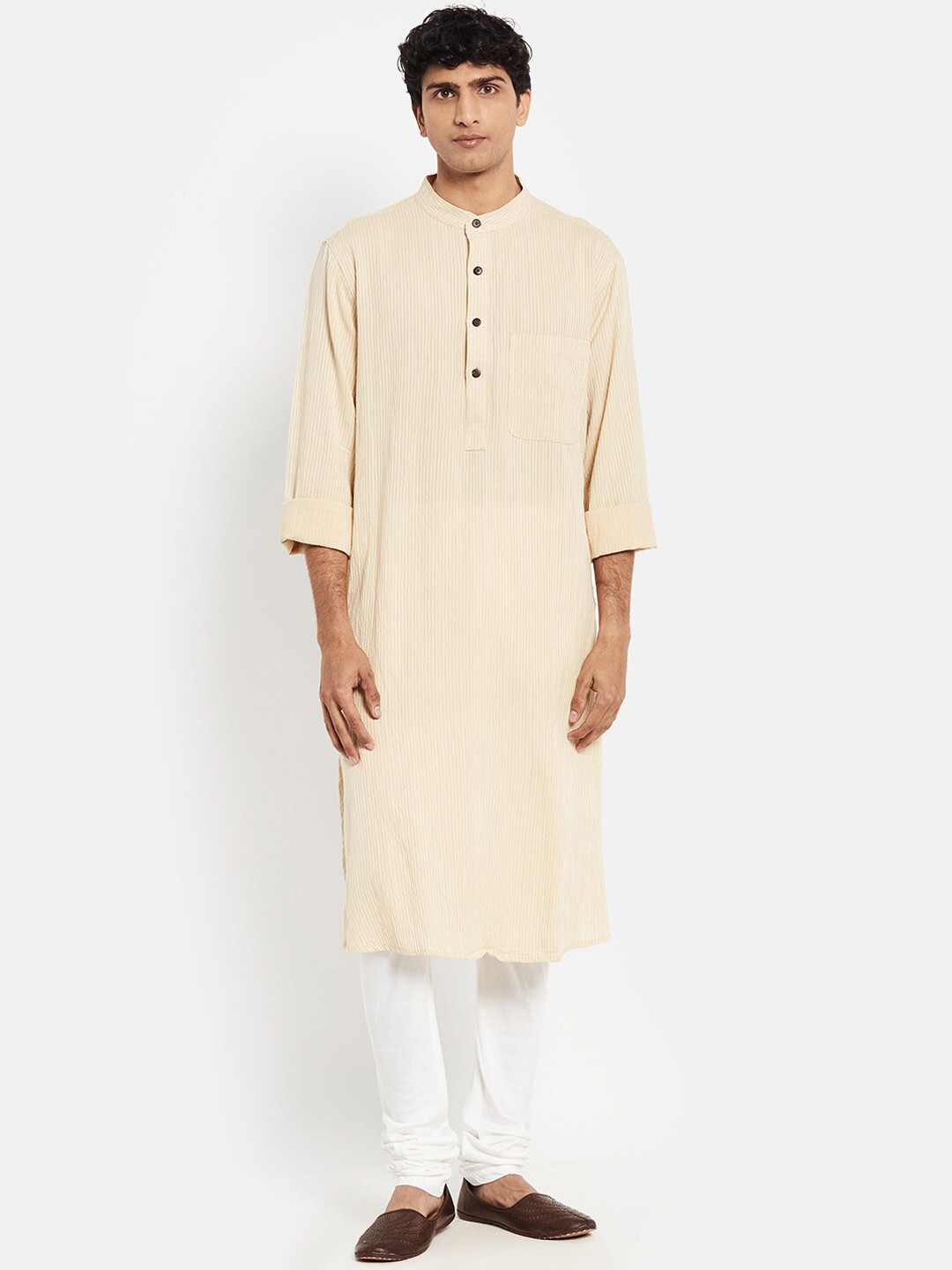 

Fabindia Striped Mandarin Collar Pure Cotton Kurta, Beige