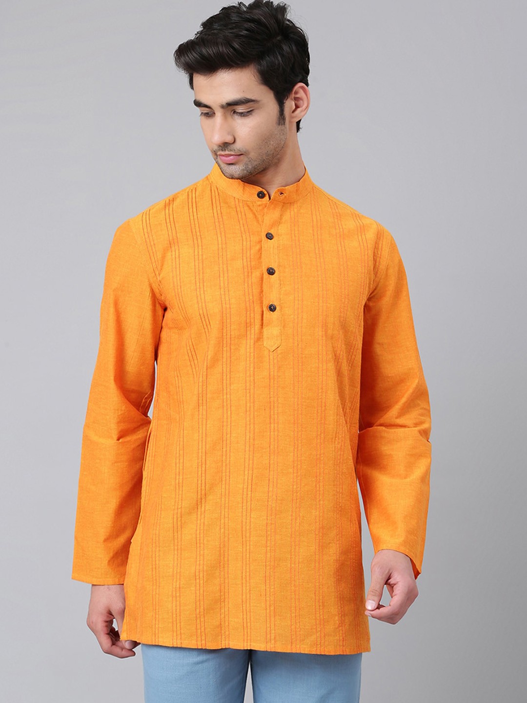 

Fabindia Striped Thread Work Pure Cotton Kurta, Mustard