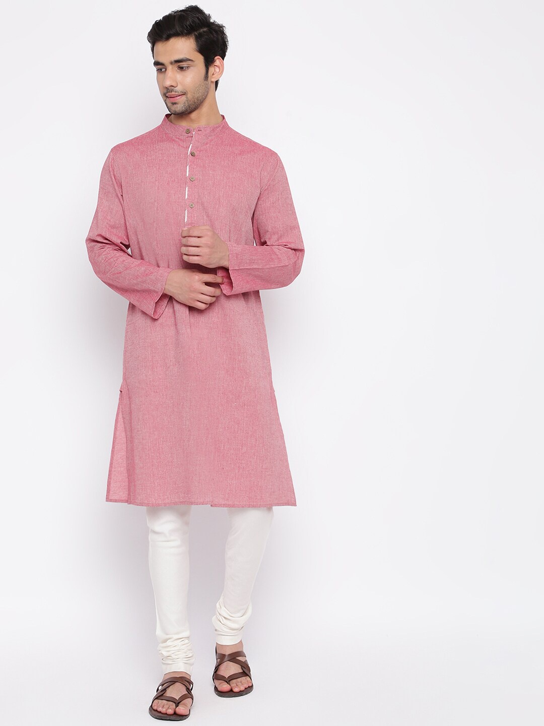 

Fabindia Mandarin Collar Straight Cotton Kurta, Pink