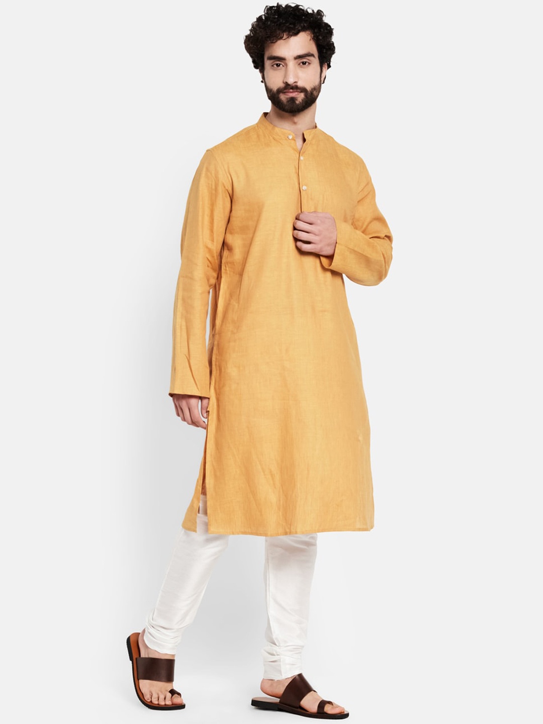 

Fabindia Mandarin Collar Long Sleeves Straight Linen Kurta, Yellow