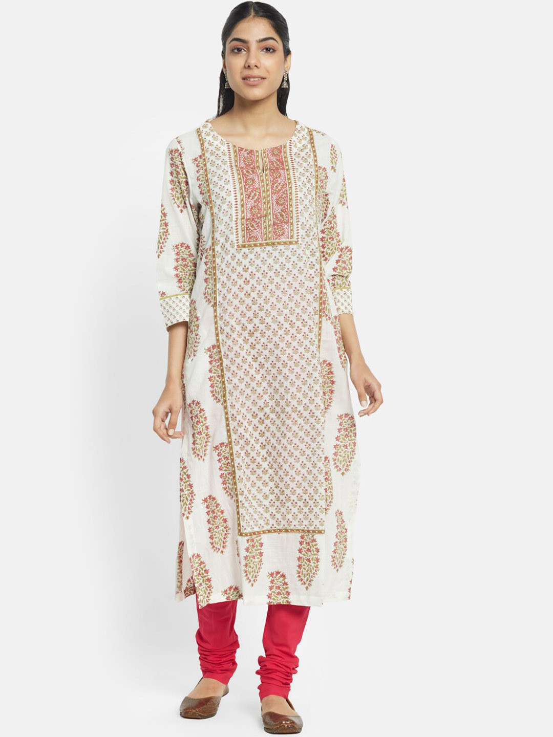 

Fabindia Ethnic Motifs Printed Straight Cotton Kurta, Off white