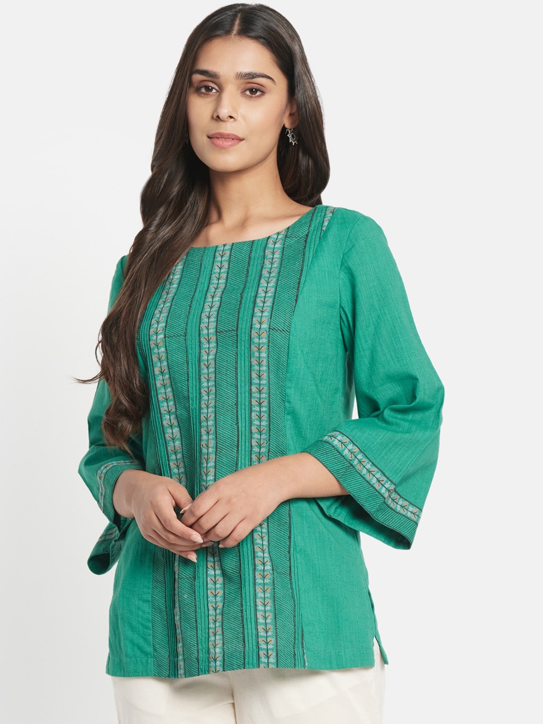 

Fabindia Flared Sleeves Printed Cotton Straight Kurti, Green
