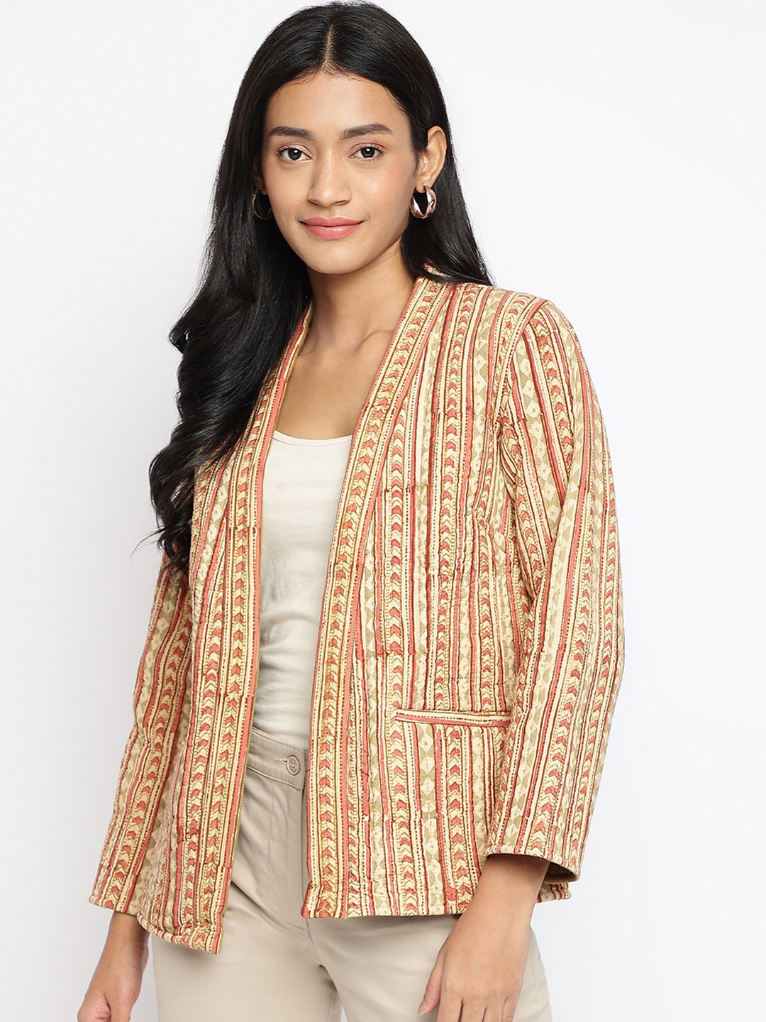 

Fabindia Women Printed Cotton Lightweight Open Front Jacket, Beige