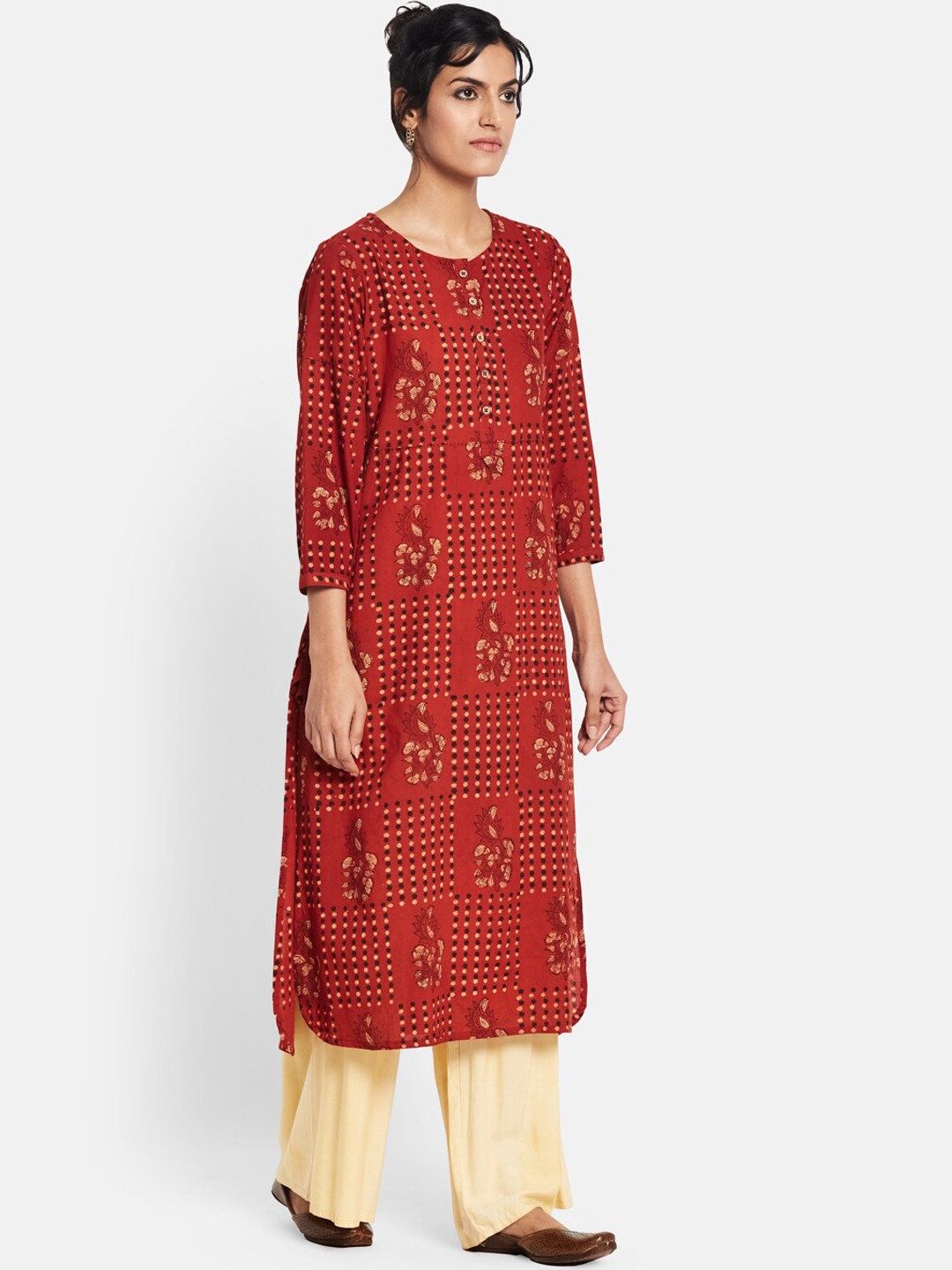 

Fabindia Floral Printed Cotton Curved Kurta, Red