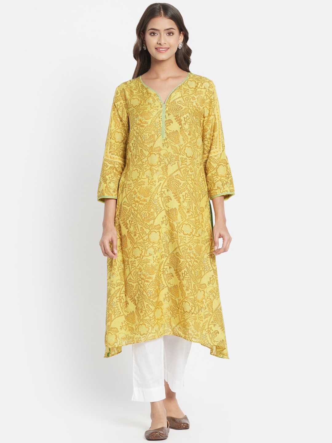 

Fabindia Floral Printed A-Line Regular Kurta, Mustard