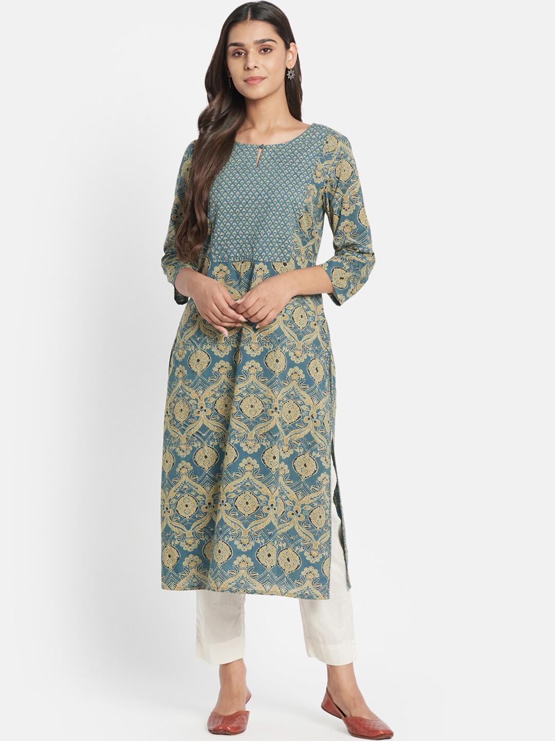 

Fabindia Plus Size Ethnic Motifs Printed Cotton Kurta, Green