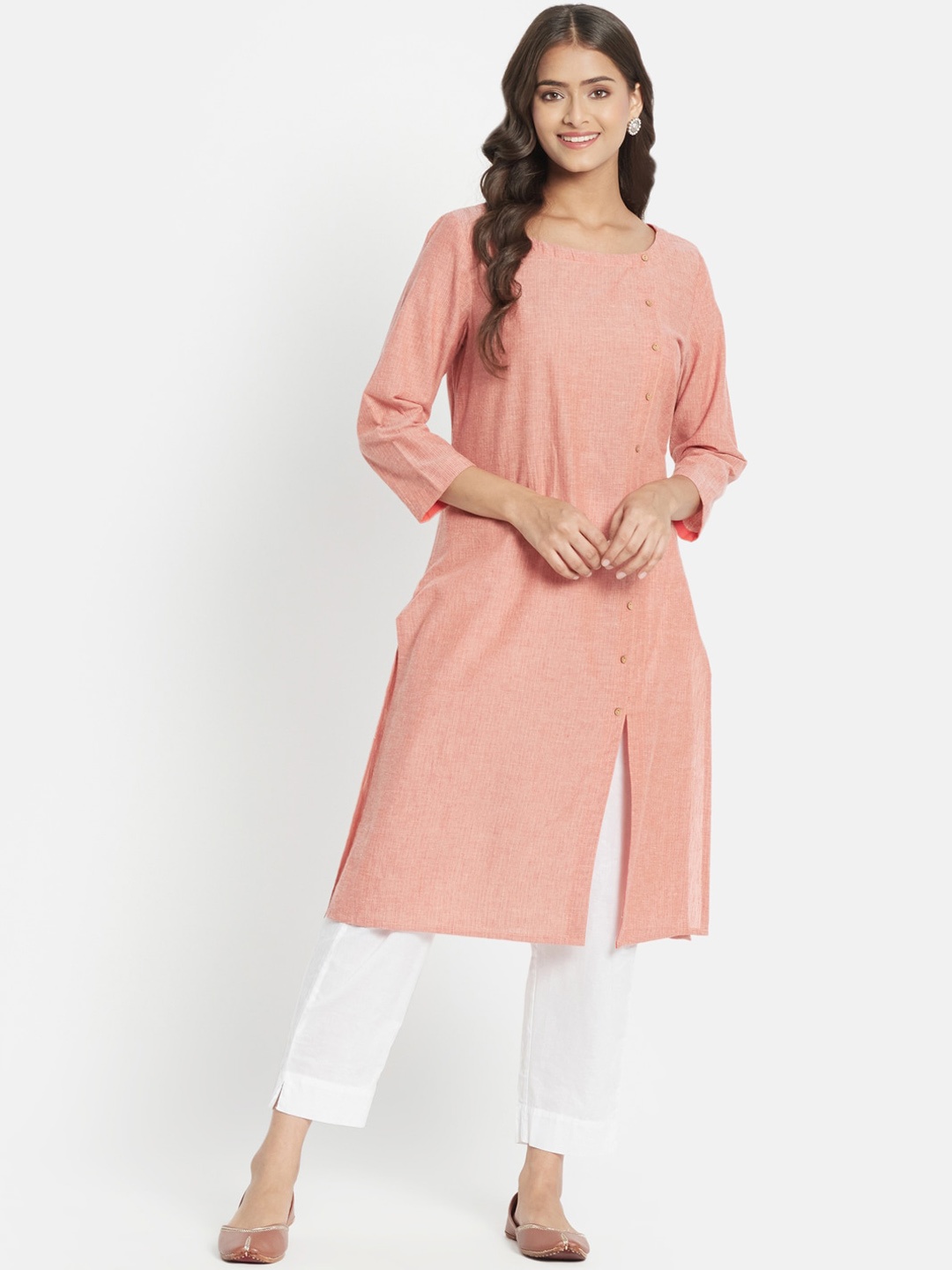 

Fabindia Panelled Multiple Slit A-Line Cotton Kurta, Peach