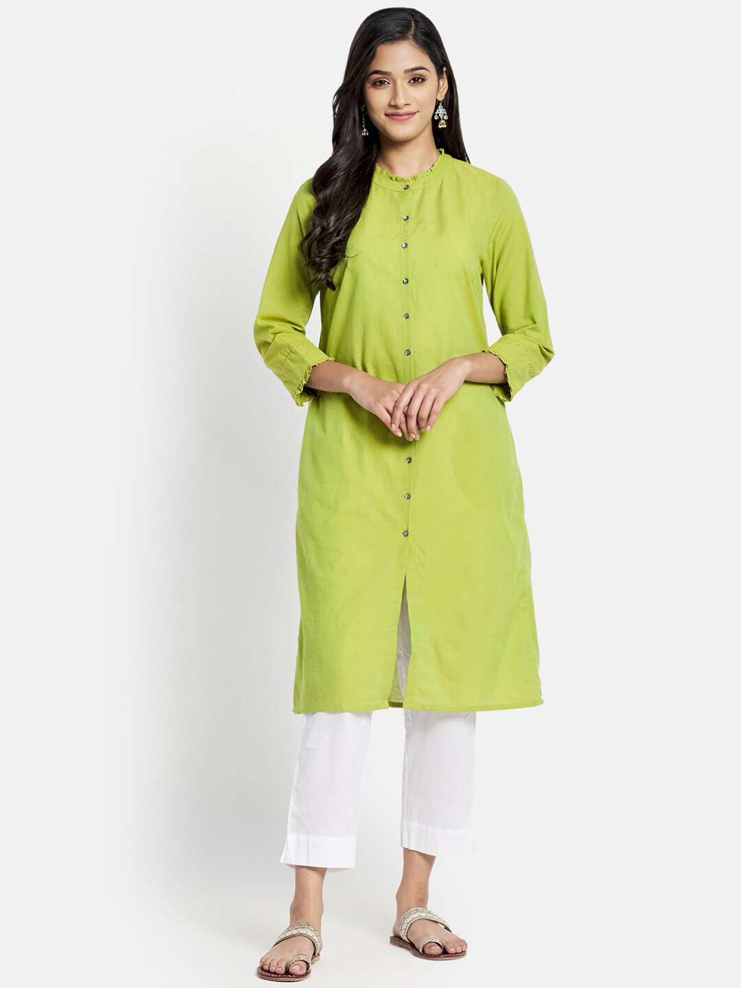 

Fabindia Band Collar Pure Cotton Kurta, Lime green