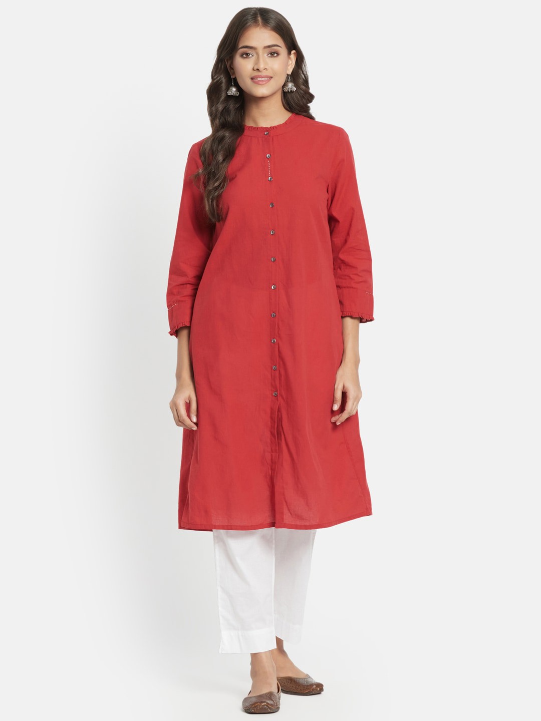 

Fabindia Round Neck Pleated Thread Work A-Line Cotton Kurta, Red