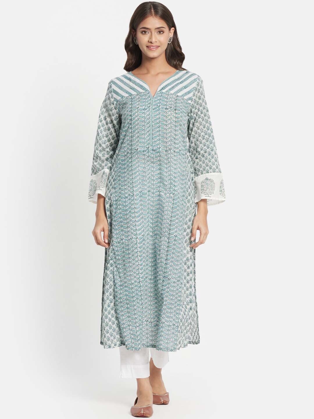 

Fabindia Plus Size Ethnic Motifs Printed Cotton Kurta, Green