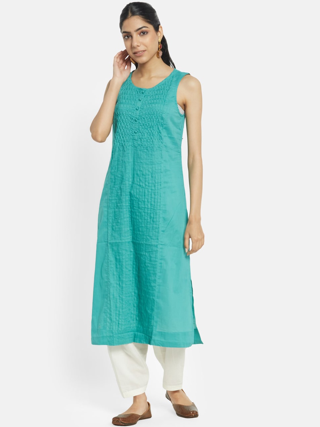

Fabindia Round Neck Sleeveless Thread Work Pure Cotton Kurta, Blue