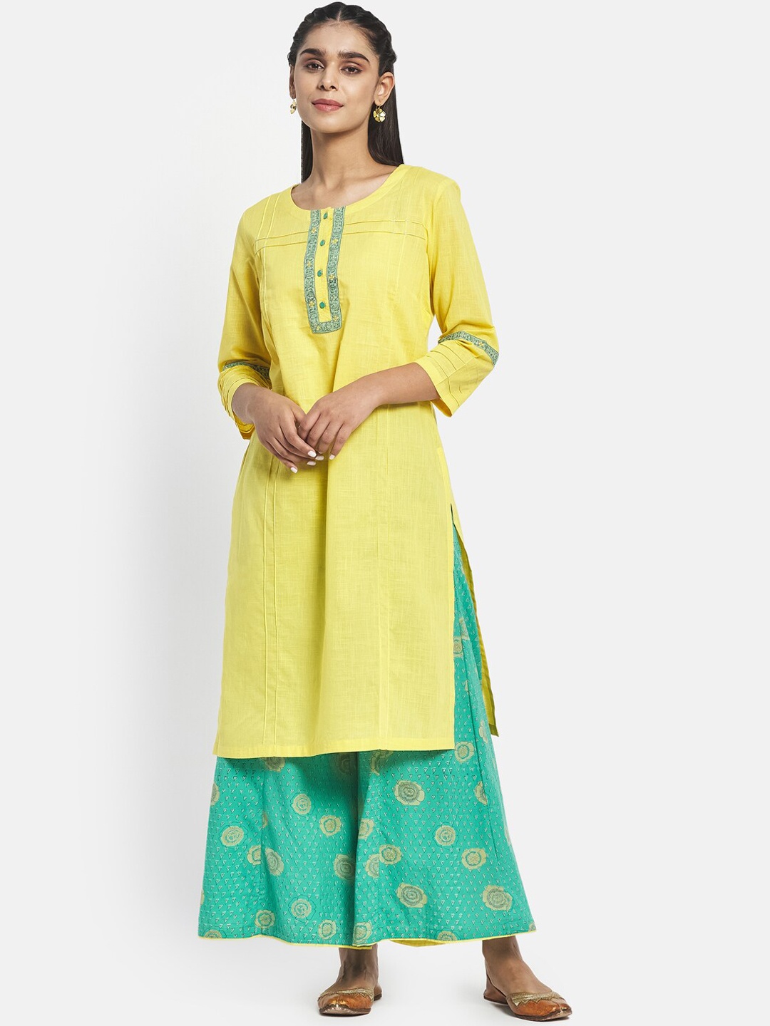 

Fabindia Floral Printed Straight Pure Cotton Kurta with Sharara, Yellow