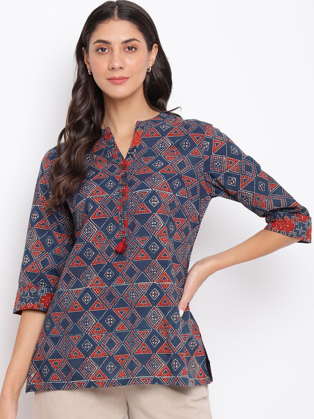 

Fabindia Ethnic Motifs Printed Pure Cotton Kurtis, Navy blue