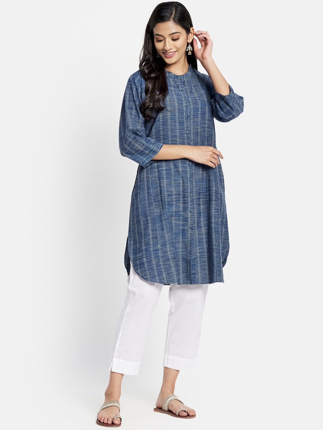 

Fabindia Band Collar Curved Woven Design A-Line Cotton Kurta, Blue