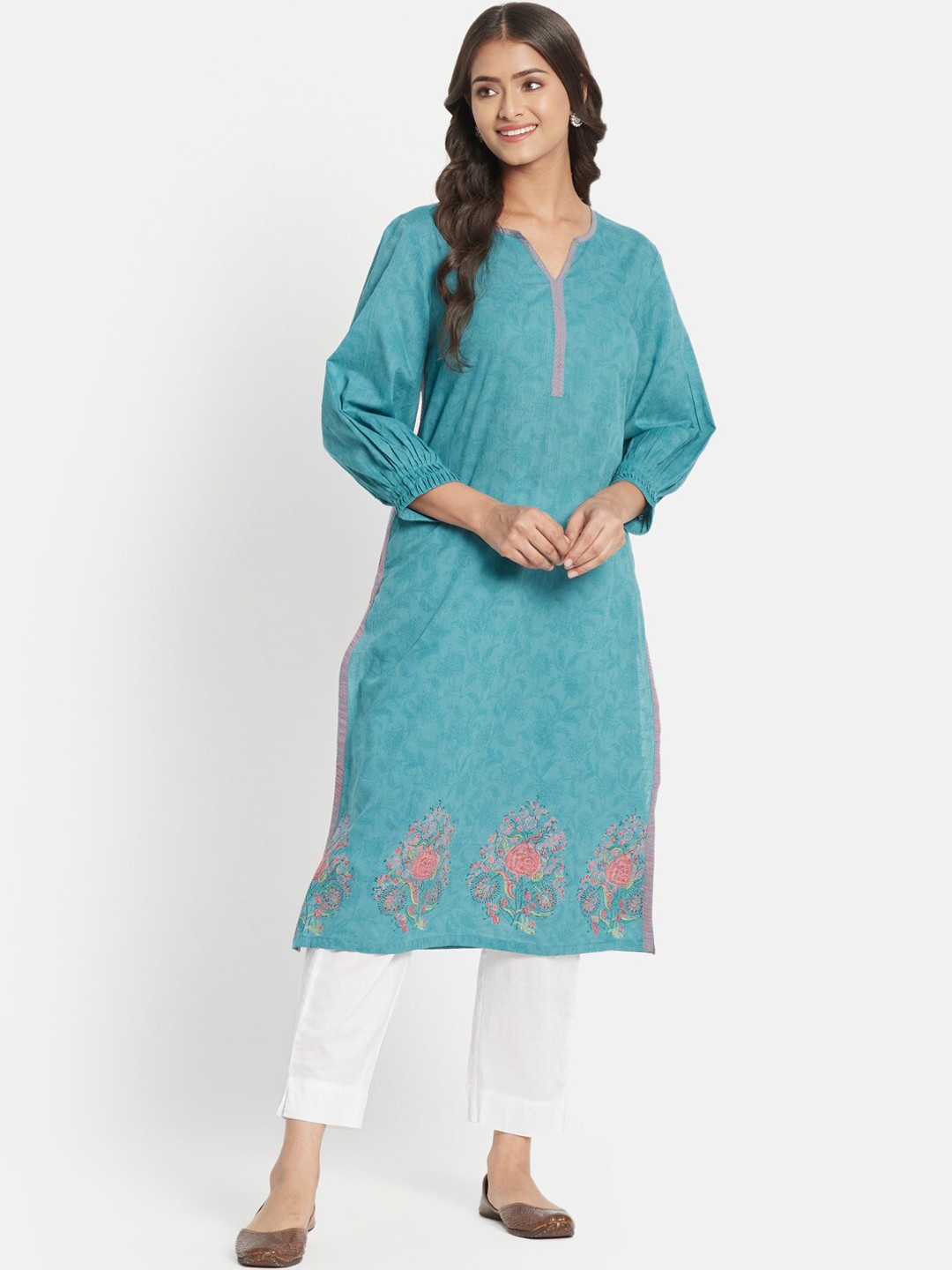 

Fabindia Floral Printed Pure Cotton Kurta, Turquoise blue