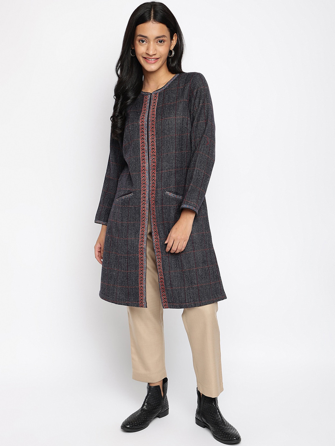 

Fabindia Women Checked Lightweight Open Front Jacket, Navy blue