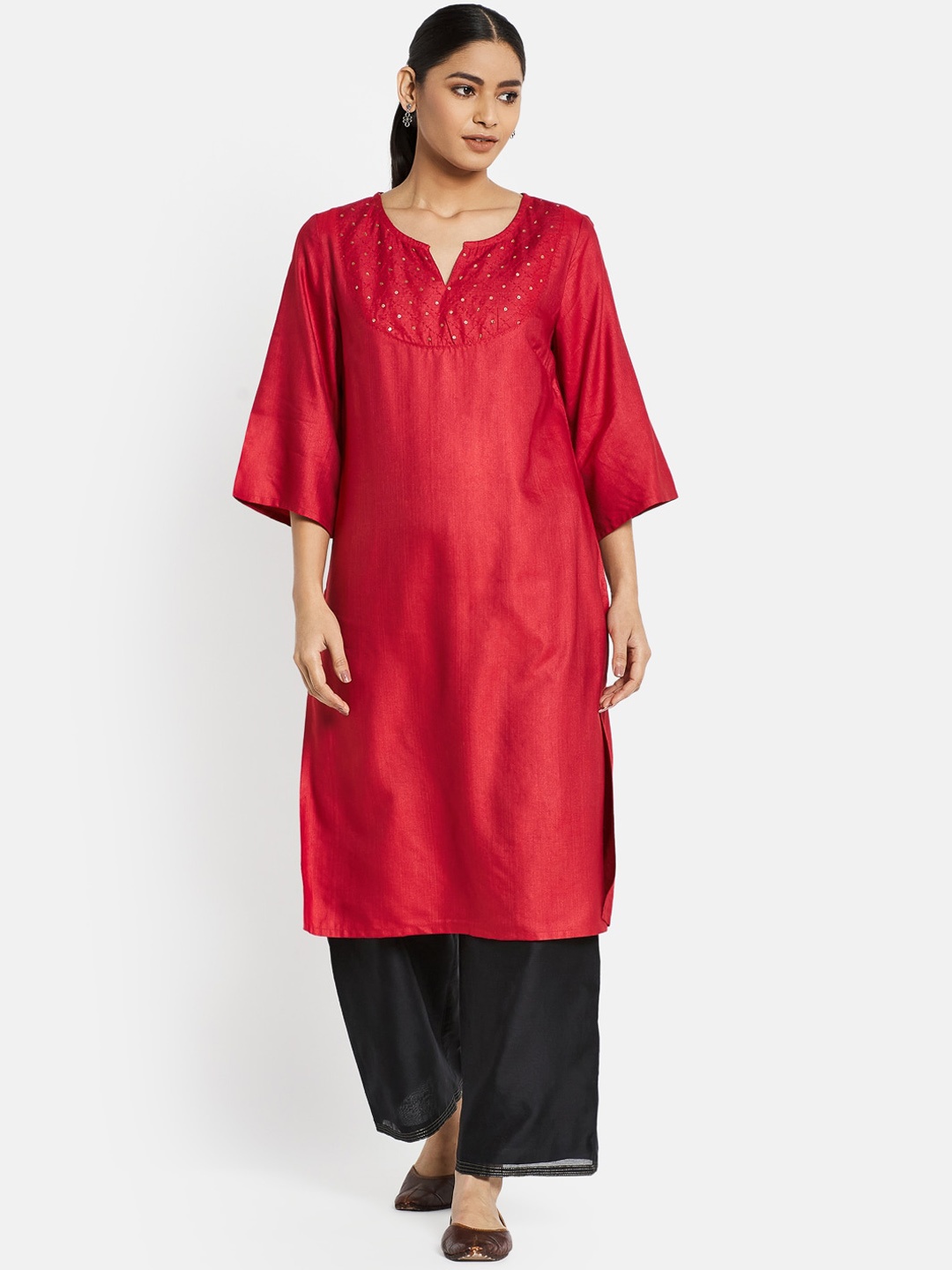 

Fabindia Round Neck Flared Sleeves Sequined Kurta, Red