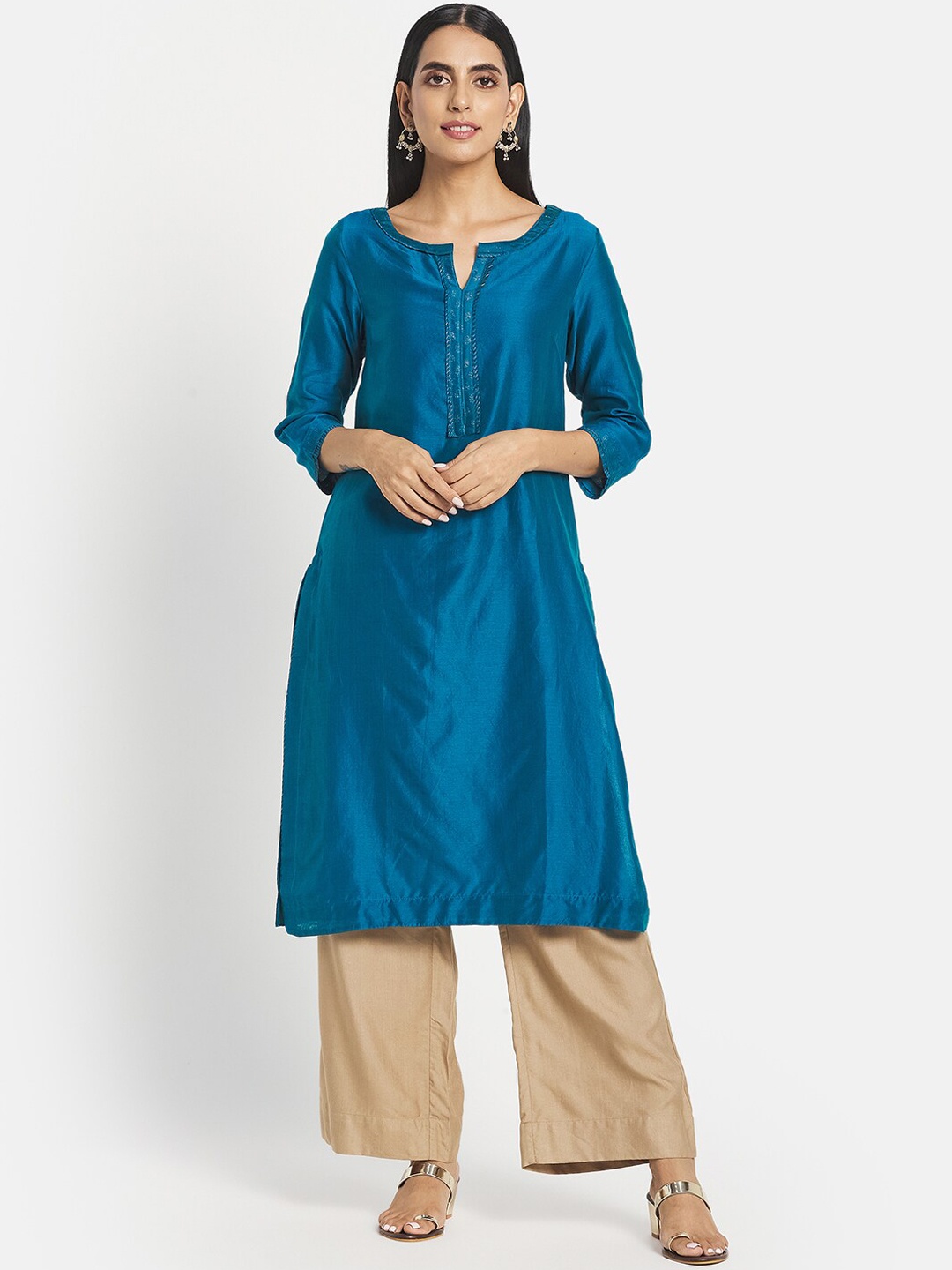 

Fabindia Notched Neck Floral Printed Straight Kurta, Teal