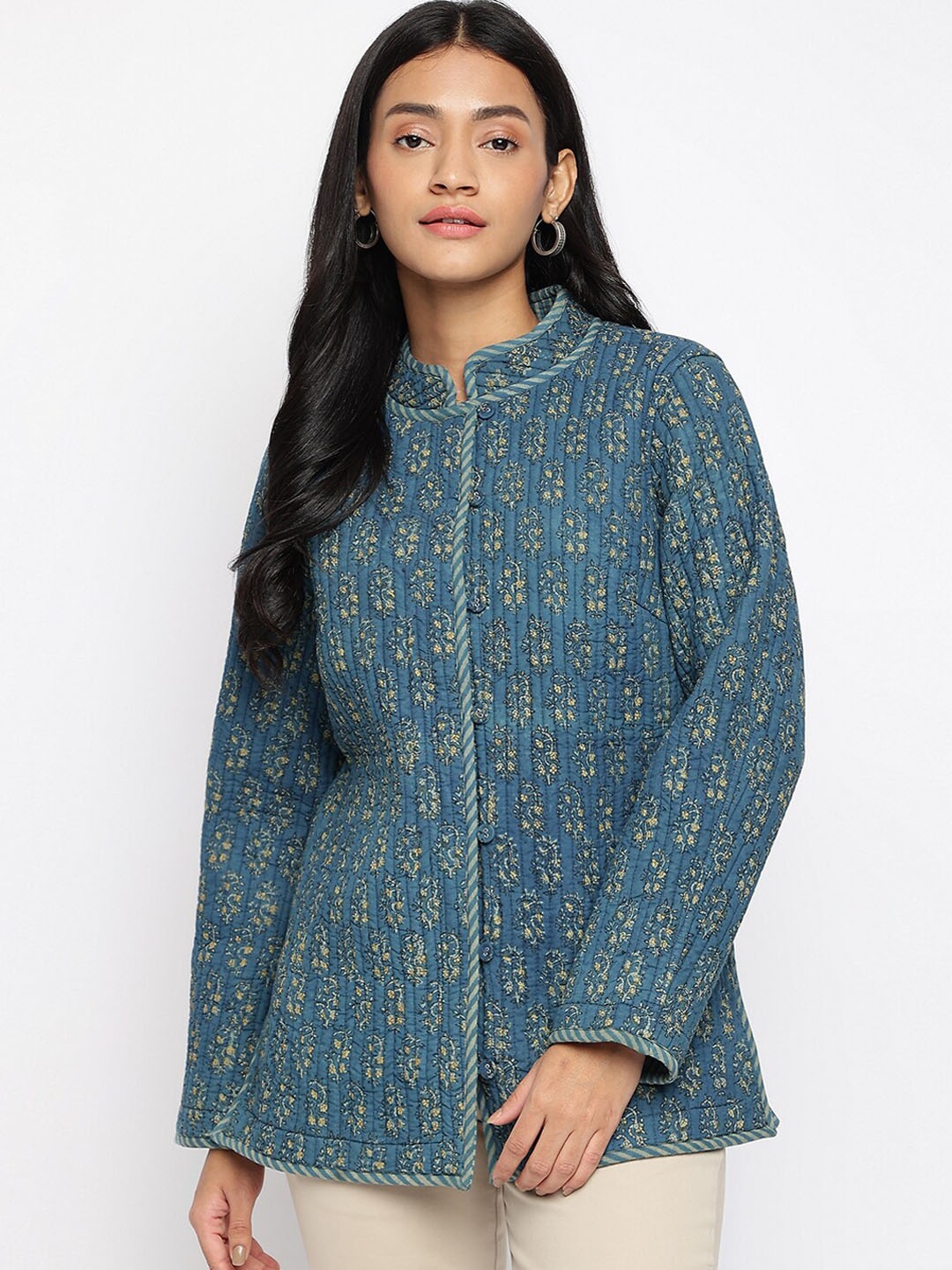 

Fabindia Women Printed Lightweight Cotton Tailored Jacket, Blue