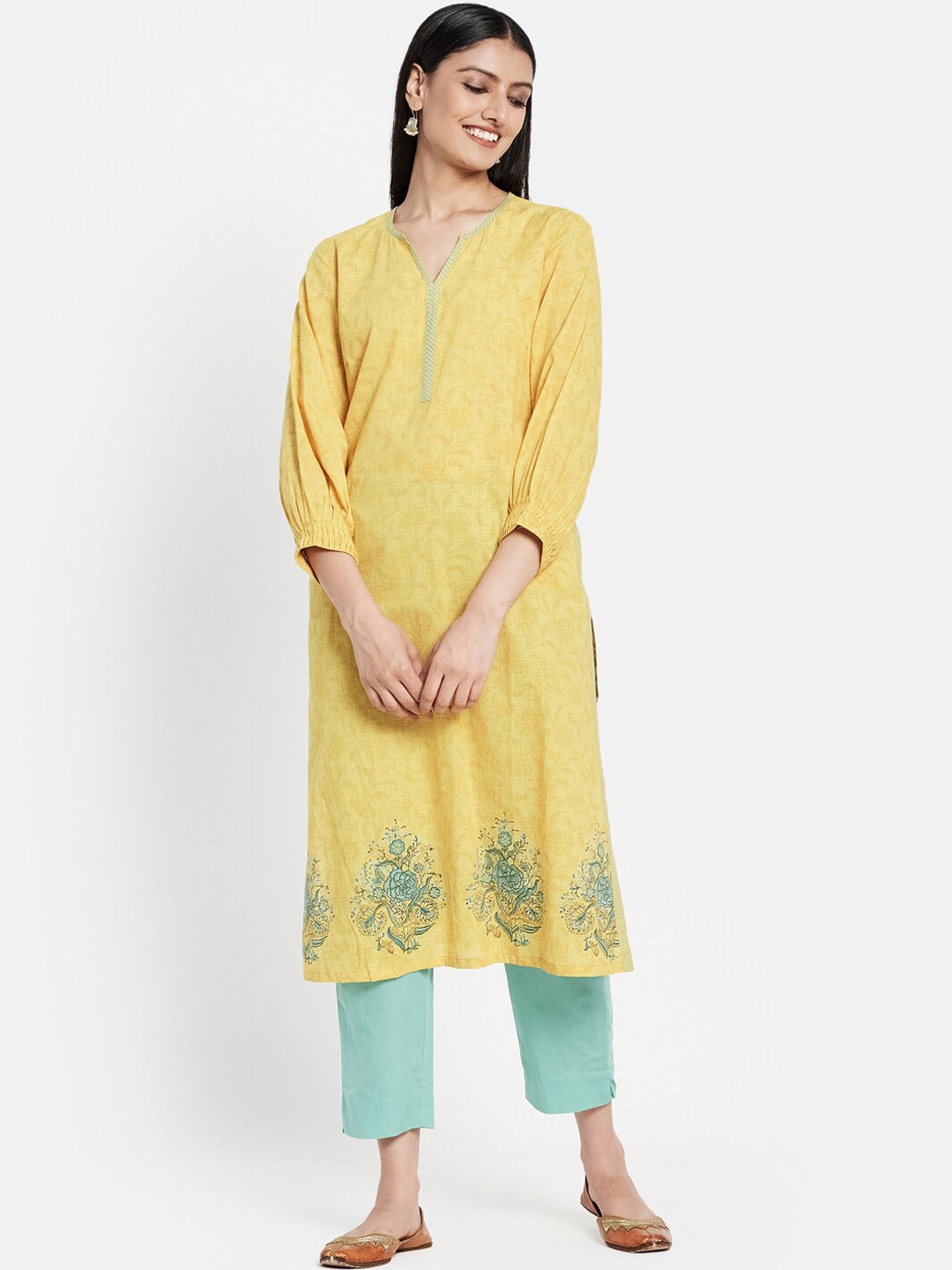 

Fabindia Floral Printed Pure Cotton Kurta, Yellow