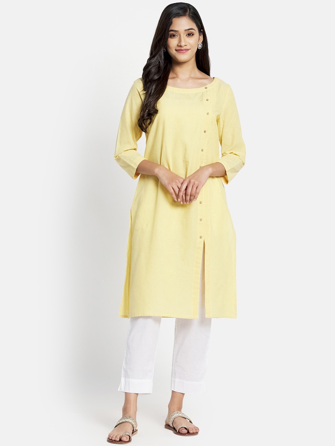

Fabindia Striped Straight Cotton Kurta, Mustard