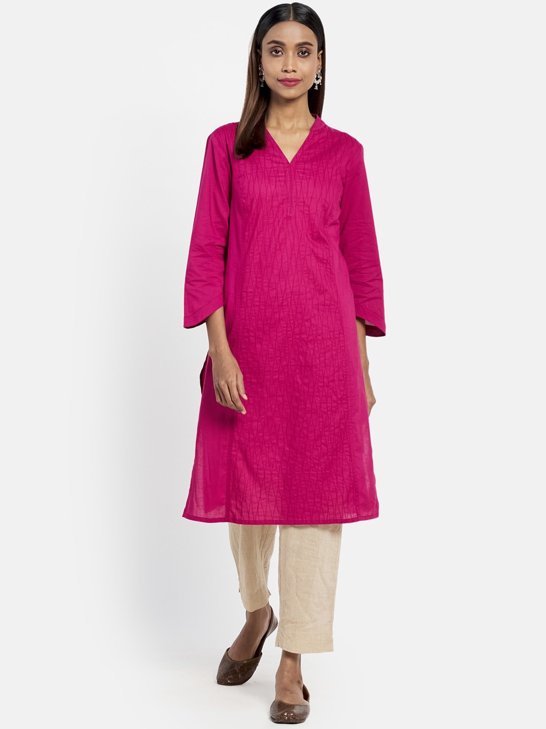 

Fabindia Thread Work Band Collar Panelled Straight Cotton Kurta, Pink