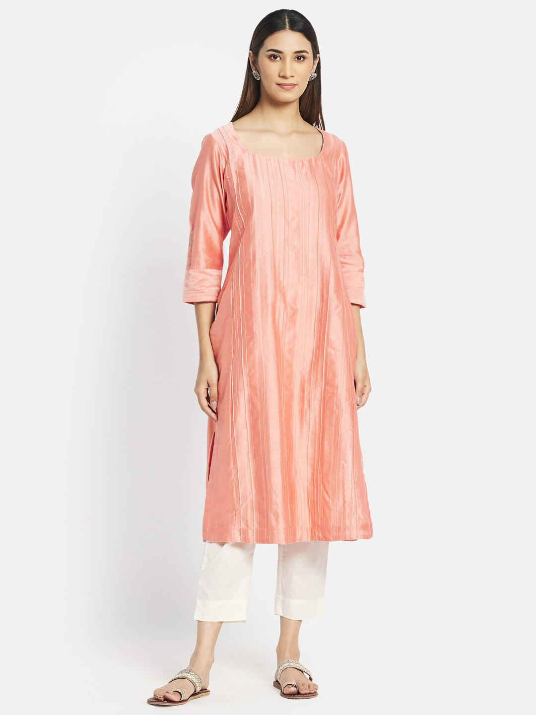 

Fabindia Striped Thread Work Silk Cotton Kurta, Pink